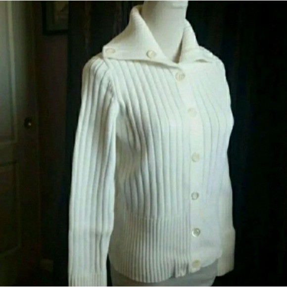 ANN TAYLOR WHITE CARDIGAN CHUNKY KNIT RIBBED MEDIUM WOMENS MEDIUM - Picture 2 of 7